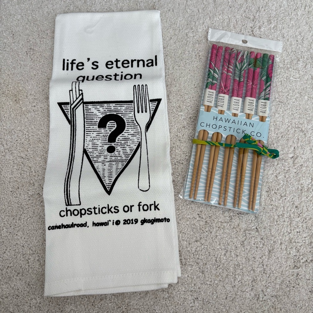 Life's Eternal Question Kitchen Towel and Hawaiian Chopsticks Set